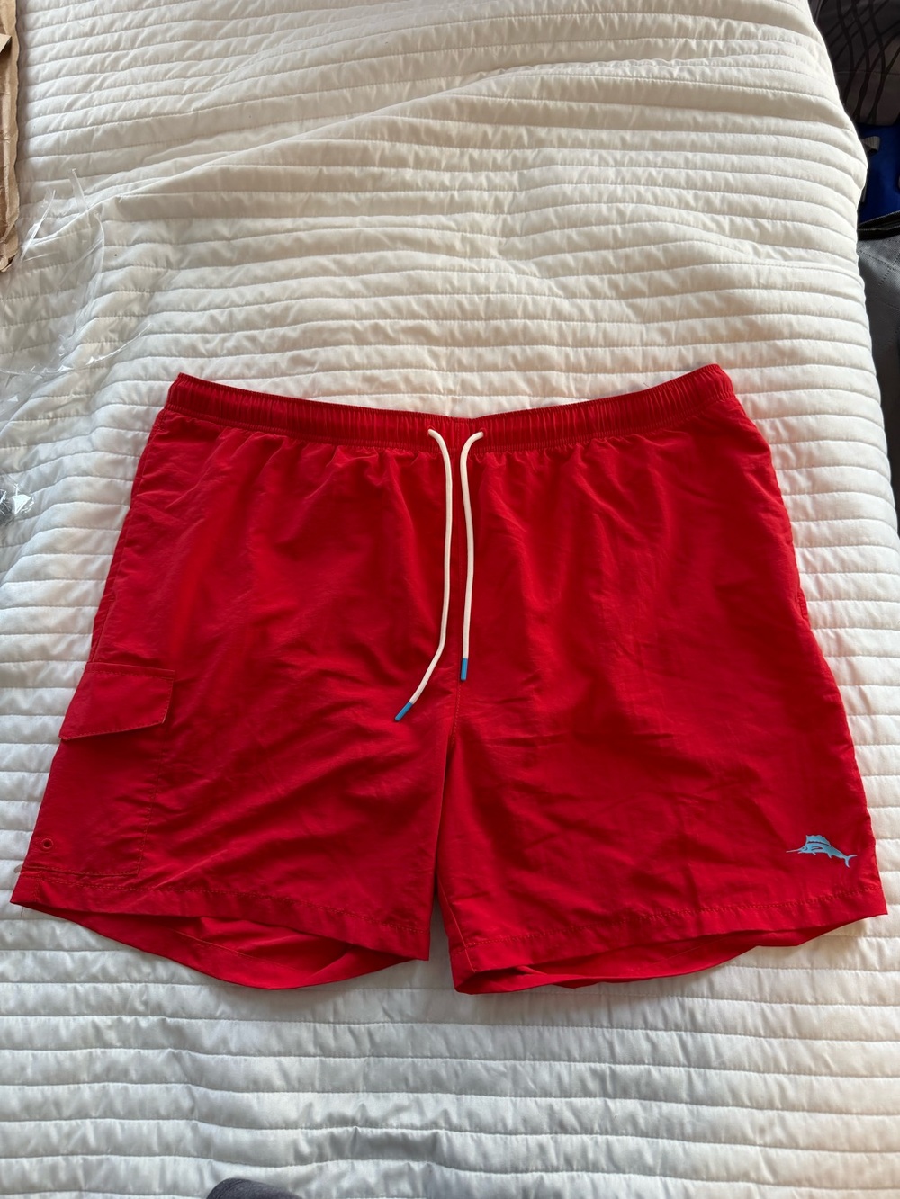 Tommy Bahama Red Swim Trunks with White Drawstring and Blue Logo